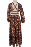 Leopard Print Casual Leopard Print Hollow Out O Neck Long Dresses