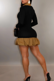 White Casual Solid Color Contrast Turndown Collar Long Sleeve Dresses