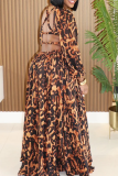 Leopard Print Casual Leopard Print Hollow Out O Neck Long Dresses