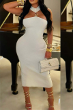 White Sexy Solid Color Hollow Out Strapless Wrapped Skirt Dresses