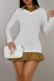 White Casual Solid Color Contrast Turndown Collar Long Sleeve Dresses