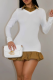 White Casual Solid Color Contrast Turndown Collar Long Sleeve Dresses