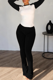 Black Casual Solid Color Contrast O Neck Long Sleeve Two Pieces