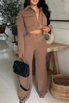 Coffee Casual Solid Color Pocket Zipper Collar Long Sleeve Two Pieces