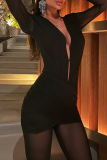 Black Sexy Solid Color Patchwork Deep V Neck Regular Jumpsuits