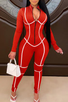 Red Casual Stripe Contrast Zipper Collar Skinny Jumpsuits