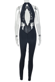 Black Sexy Solid Color Backless O Neck Skinny Jumpsuits