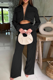 Black Casual Solid Color Pocket Zipper Collar Long Sleeve Two Pieces
