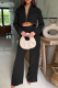 Black Casual Solid Color Pocket Zipper Collar Long Sleeve Two Pieces