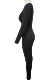 Black Sexy Solid Color Hollow Out O Neck Skinny Jumpsuits