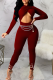 Burgundy Sexy Solid Color Hollow Out O Neck Skinny Jumpsuits