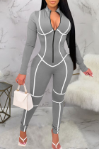 Grey Casual Stripe Contrast Zipper Collar Skinny Jumpsuits