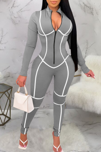 Grey Casual Stripe Contrast Zipper Collar Skinny Jumpsuits