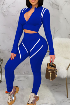 Blue Casual Stripe Contrast Zipper Collar Long Sleeve Two Pieces