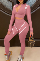 Pink Casual Stripe Contrast Zipper Collar Long Sleeve Two Pieces