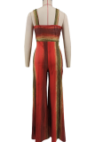 Red Casual Print Contrast V Neck Loose Jumpsuits