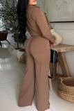 Coffee Casual Solid Color Pocket Zipper Collar Long Sleeve Two Pieces