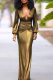 Gold Elegant Solid Color Ruched Deep V Neck Evening Dresses