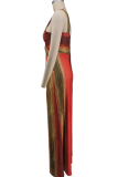 Red Casual Print Contrast V Neck Loose Jumpsuits