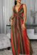 Red Casual Print Contrast V Neck Loose Jumpsuits