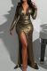 Gold Sexy Solid Color High Slit Deep V Neck Long Dresses