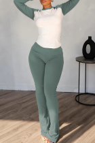Olive Green Casual Solid Color Contrast O Neck Long Sleeve Two Pieces