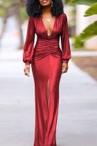 Red Elegant Solid Color Ruched Deep V Neck Evening Dresses