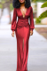 Red Elegant Solid Color Ruched Deep V Neck Evening Dresses