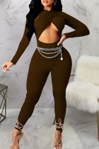 Brown Sexy Solid Color Hollow Out O Neck Skinny Jumpsuits