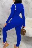 Blue Casual Stripe Contrast Zipper Collar Long Sleeve Two Pieces