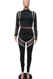 Blue Casual Stripe Contrast Zipper Collar Long Sleeve Two Pieces