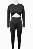 Black Sexy Solid Color Hollow Out O Neck Skinny Jumpsuits