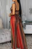 Red Casual Print Contrast V Neck Loose Jumpsuits