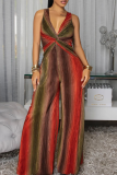 Red Casual Print Contrast V Neck Loose Jumpsuits