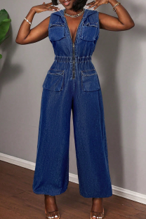 Deep Blue Casual Solid Color Zipper Hooded Sleeveless Bodycon Denim Jumpsuits