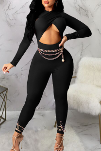 Black Sexy Solid Color Hollow Out O Neck Skinny Jumpsuits