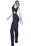 Black Sexy Solid Color Backless O Neck Skinny Jumpsuits