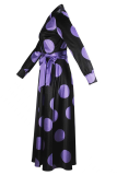 Purple Elegant Print Strap Design Contrast Turndown Collar Long Dresses