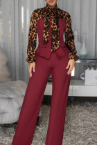 Burgundy Casual Leopard Print Strap Design O Neck Long Sleeve Two Pieces