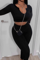 Black Casual Solid Color Patchwork V Neck Long Sleeve Two Pieces