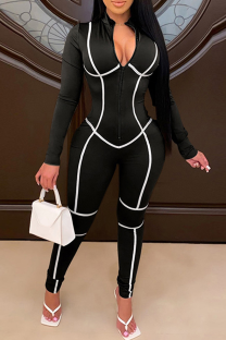 Black Casual Stripe Contrast Zipper Collar Skinny Jumpsuits