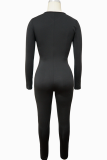 Black Sexy Solid Color Hollow Out O Neck Skinny Jumpsuits