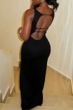 Black Elegant Solid Color O Neck Long Dresses