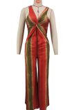 Red Casual Print Contrast V Neck Loose Jumpsuits