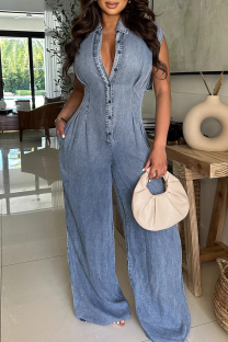 Blue Casual Solid Color Buckle Turndown Collar Sleeveless Bodycon Denim Jumpsuits