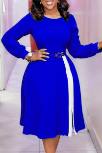 Royal Blue Casual Solid Color With Belt Contrast O Neck Long Dresses