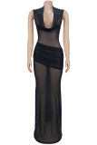 Black Sexy Solid Color Ruched Deep V Neck Long Dresses