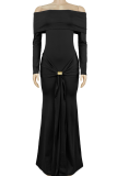 Black Sexy Solid Color Metal Accessories Trim Off Shoulder Long Dresses