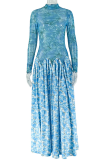 Blue Elegant Print Contrast O Neck Long Dresses