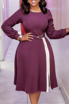 Purple Casual Solid Color With Belt Contrast O Neck Long Dresses